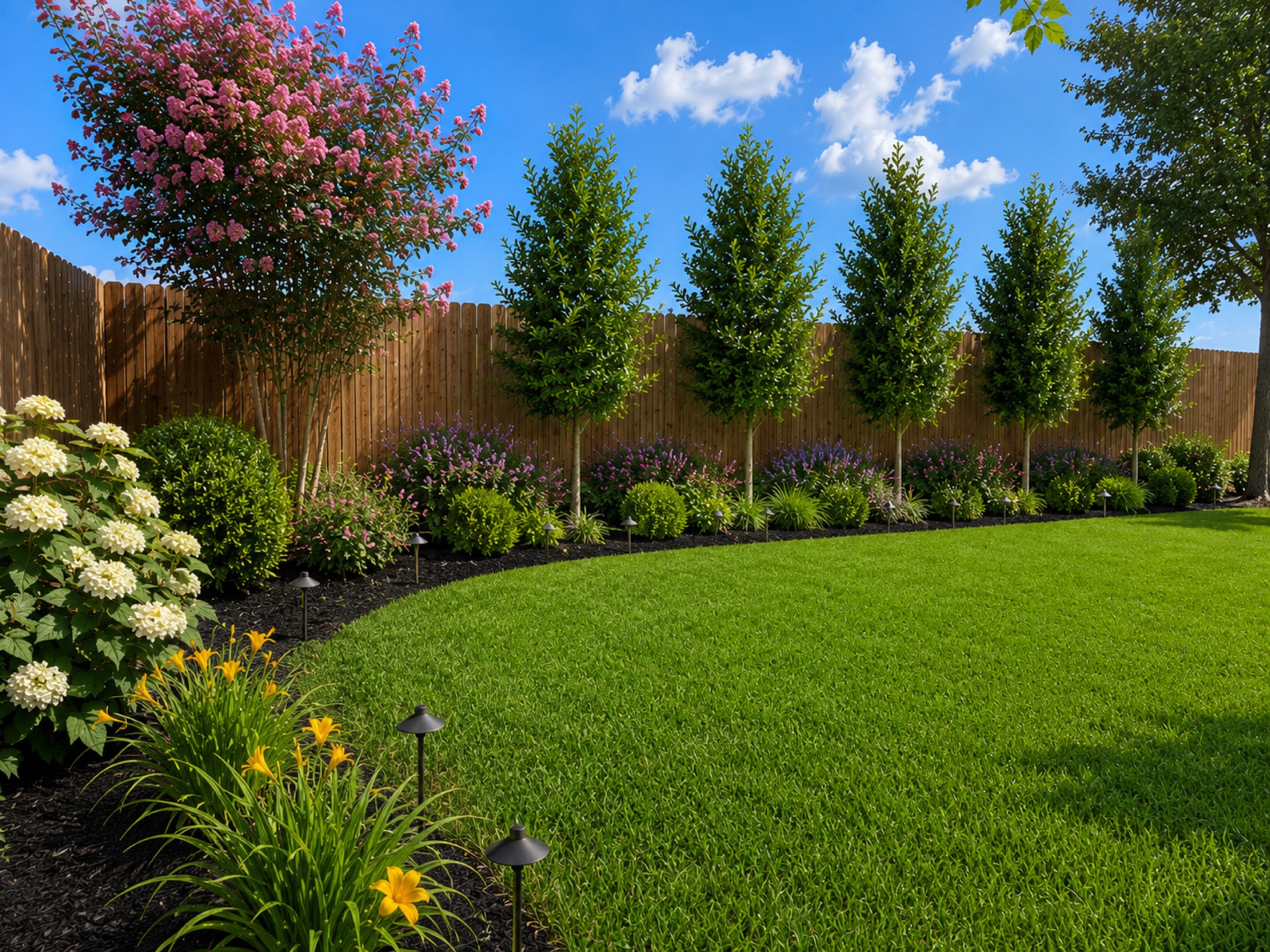 Daytime landscape design with a curved lawn and planted fence line