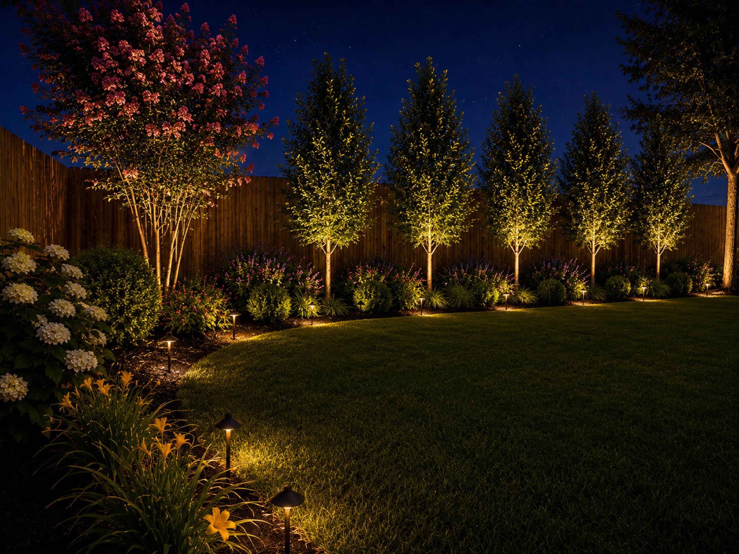 Night landscape design with path lights and uplit trees