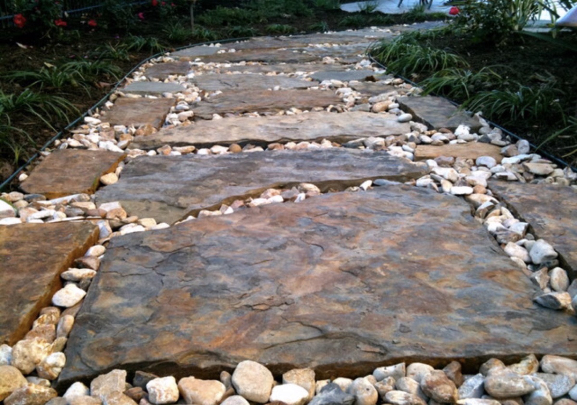 Flagstone path with river-rock joints