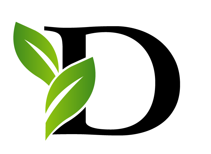 Danny's Landscaping logo featuring a stylized letter 'D' integrated with green leaves, representing eco-friendly landscaping services in Tomball.