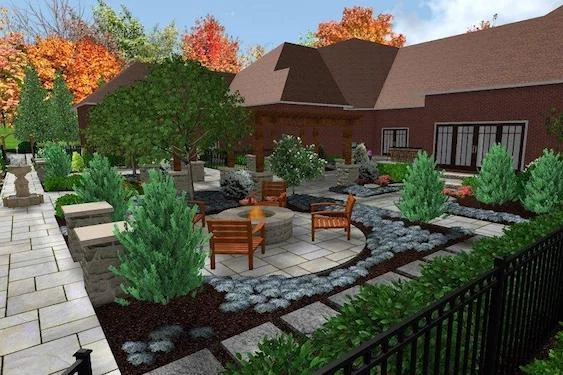 3D model of a landscaped backyard featuring a circular fire pit area with wooden chairs, surrounded by lush greenery, stone pathways, and vibrant autumn foliage, illustrating custom outdoor design for Tomball homes.